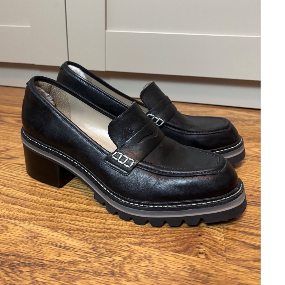 Bernardo Black Leather Lug Sole Penny Loafers Block Heel Preppy Brazil 8M